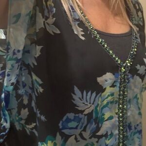 Free People Gray and Blue Floral Blouse